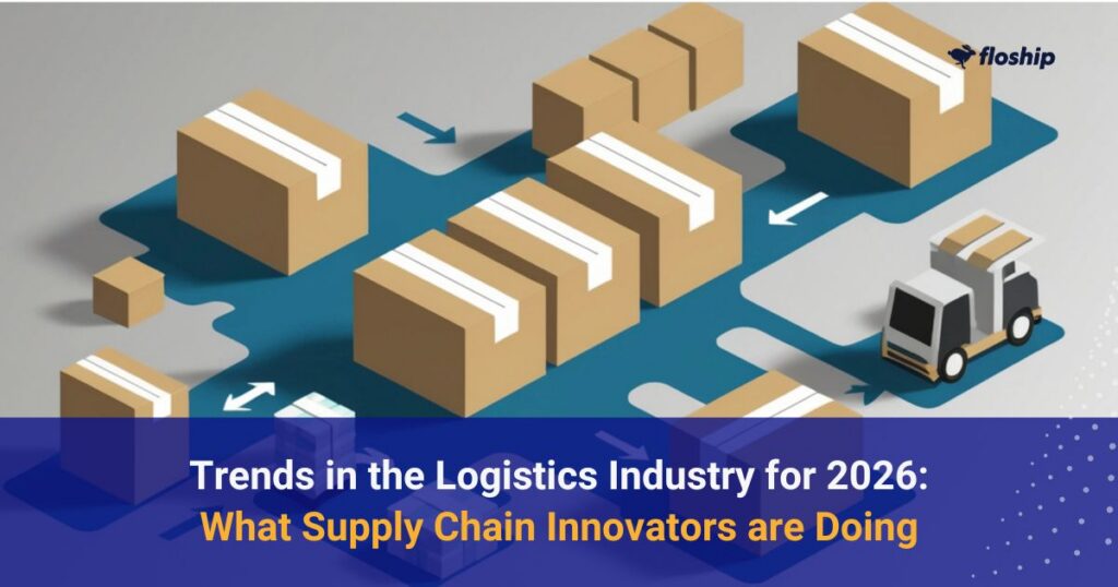 Banner illustration showing stacked cardboard boxes and a delivery truck on a blue abstract path, conveying logistics trends for 2026.