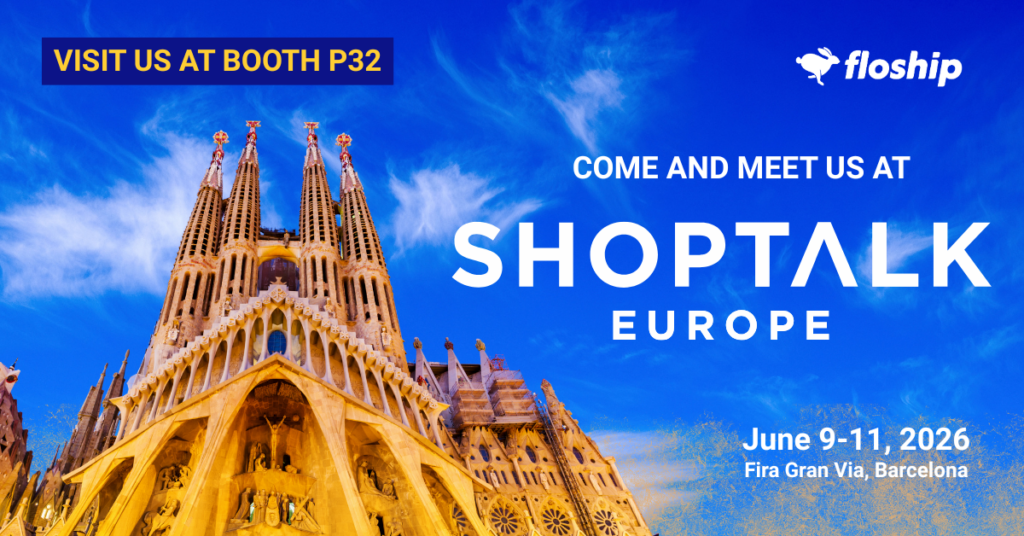 Promo banner for Shoptalk Europe: Sagrada Família against a blue sky; booth P32 and dates June 9–11, 2026 in Barcelona