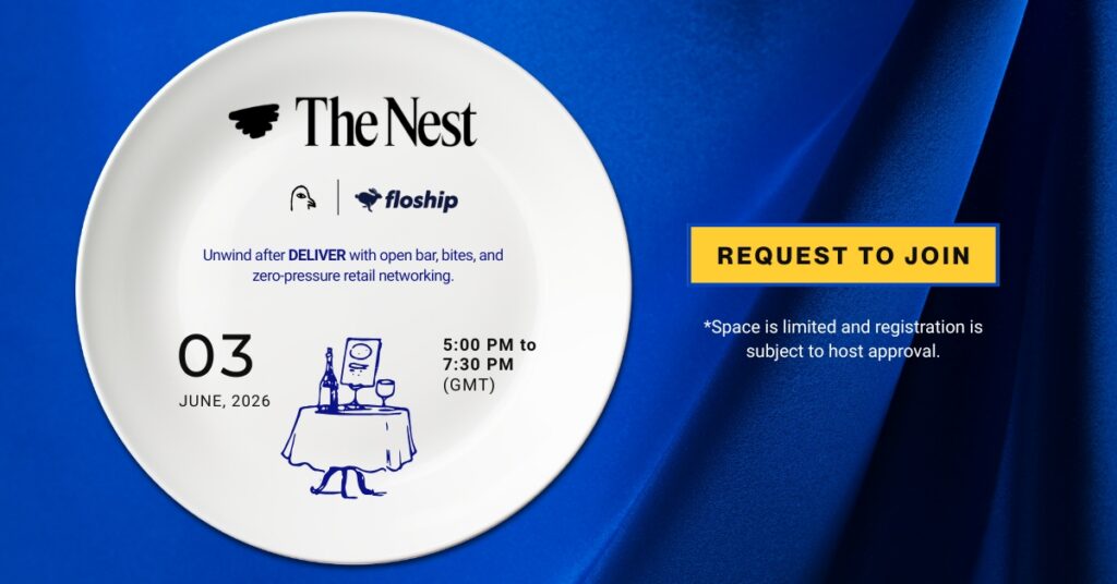 Promotional banner showing The Nest branding on a white plate with event date (June 3, 2026) and time (5:00–7:30 PM GMT), plus a yellow 'Request to Join' button on a blue background.
