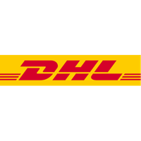 DHL logo on a yellow banner/logo background, red lettering spanning a yellow strip