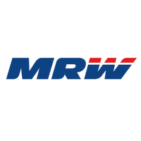 MRW company logo in blue with red diagonal stripes on a black background