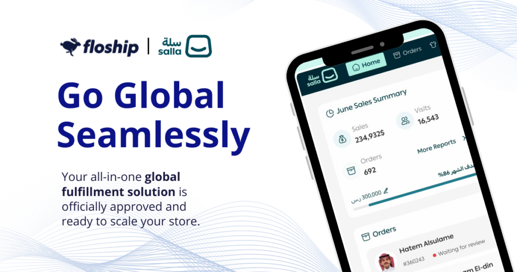 Ad banner: Floship and Salla logos with 'Go Global Seamlessly' and a tilted phone showing a sales dashboard.