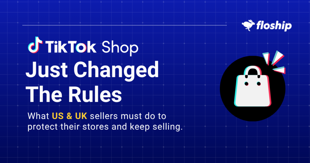TikTok Shop update banner: new rules for US and UK sellers to protect their stores and keep selling, with a shopping bag icon on the right.