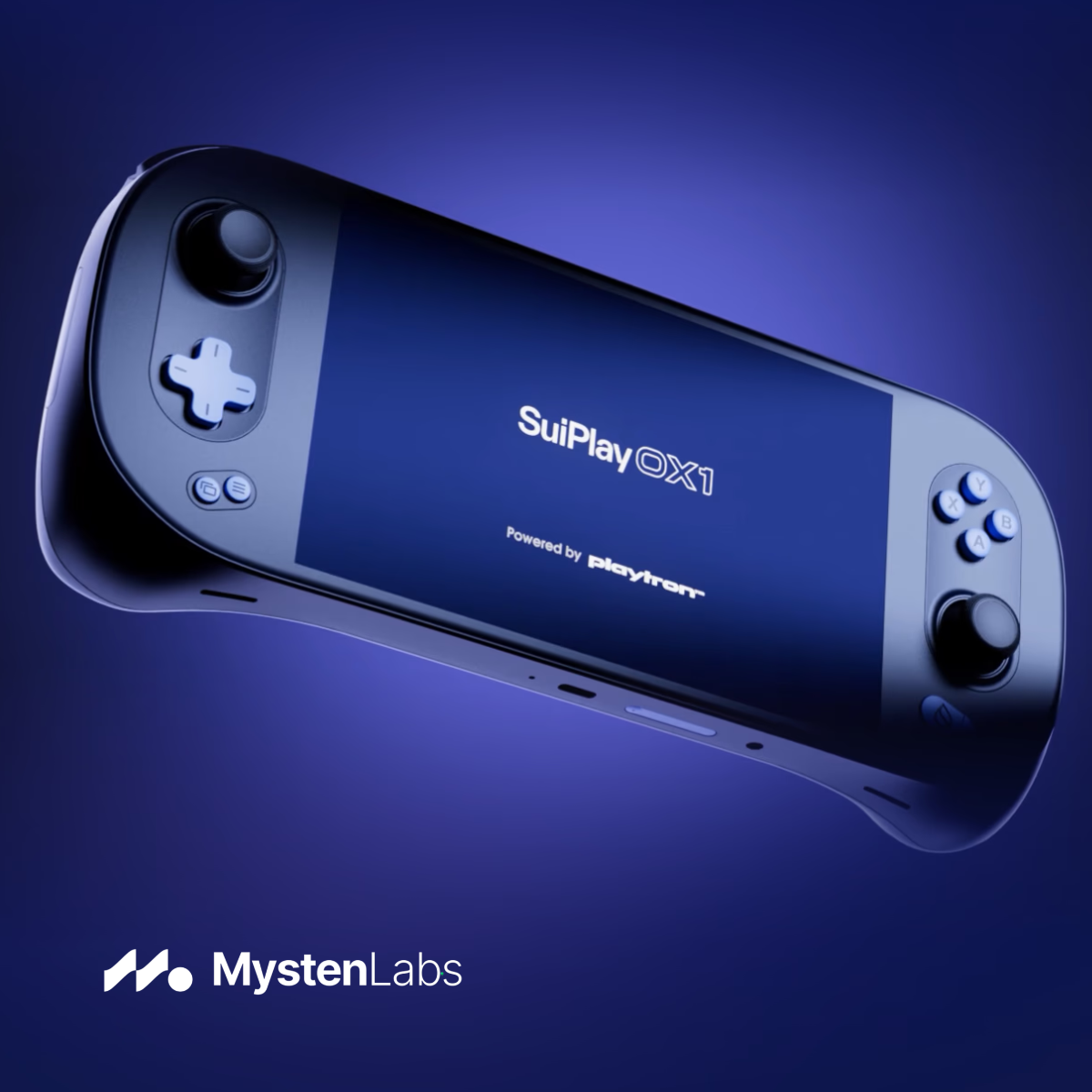 Blue handheld gaming console tilted diagonally with controls on both ends and a central screen displaying 'SuiPlay QX1' and 'Powered by playtron', MystenLabs logo visible in the bottom-left corner.