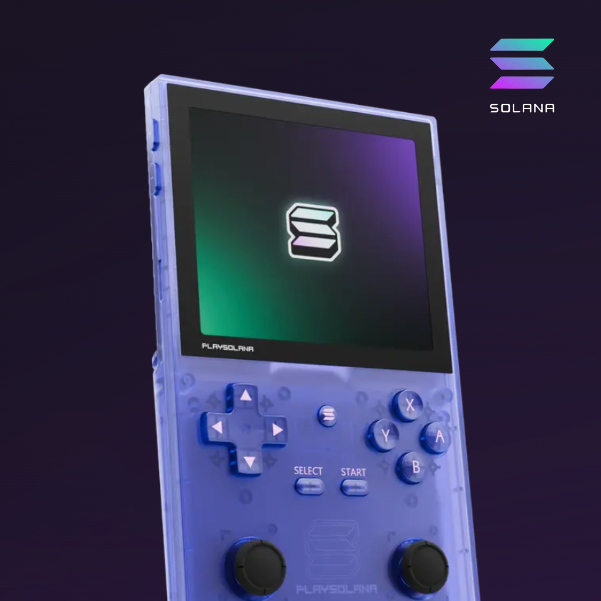 Handheld retro gaming console with a purple-to-green gradient screen; SOLANA logo appears in the top-right corner (brand showcase).